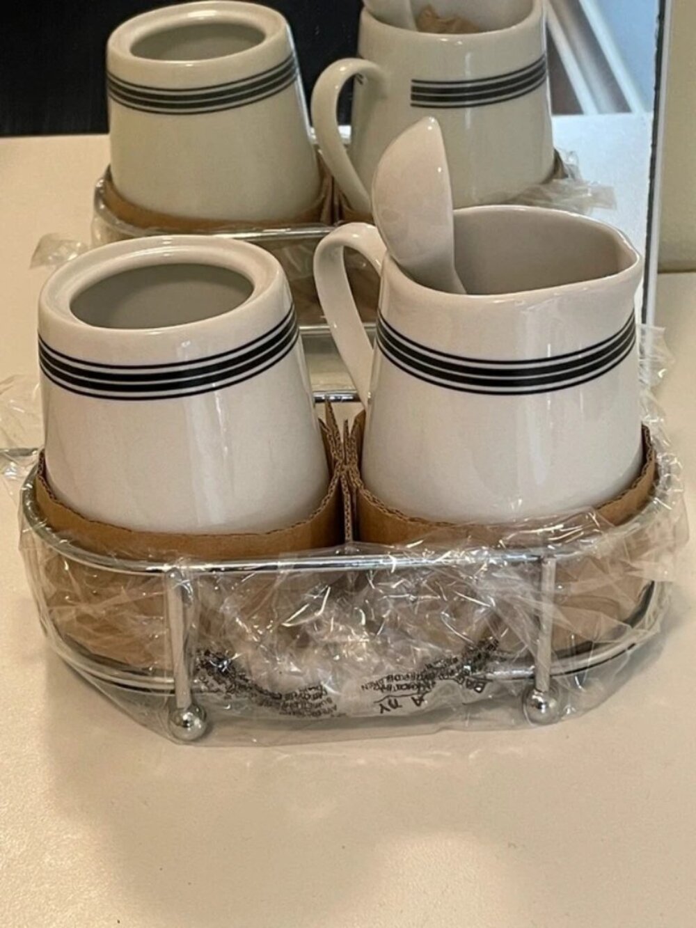 Pottery Barn Cafe Condiment Set White Black Stripe New